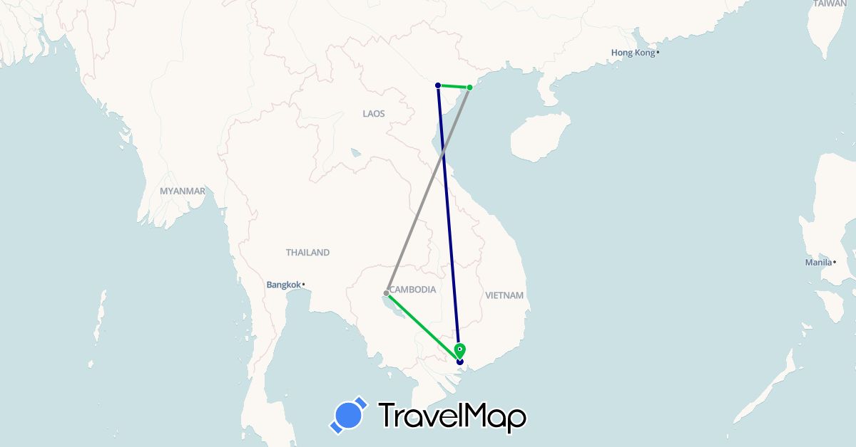 TravelMap itinerary: driving, bus, plane in Cambodia, Vietnam (Asia)